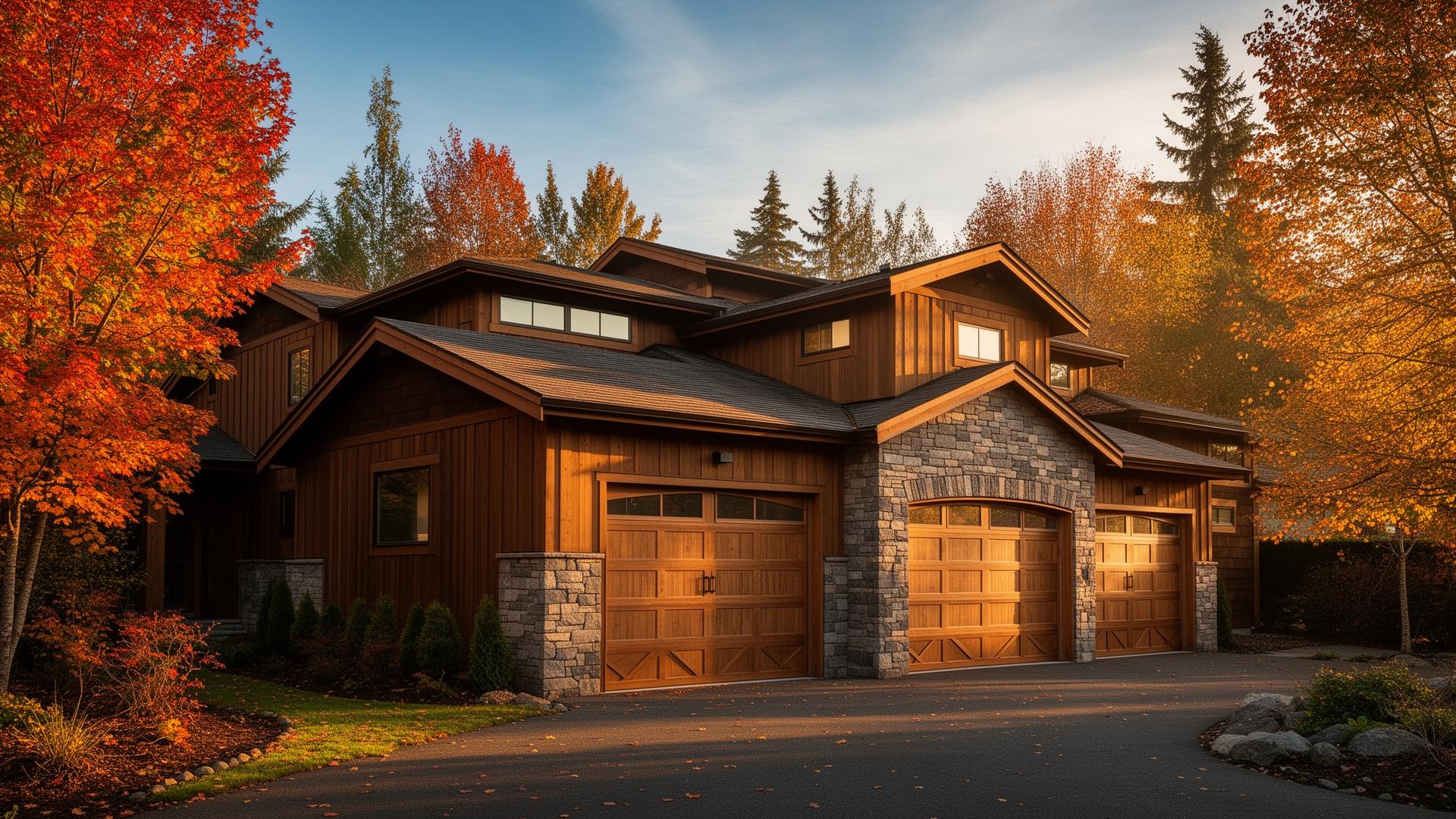 Beautiful Tuscan-inspired garage doors with stone surround on Pacific Northwest modern home